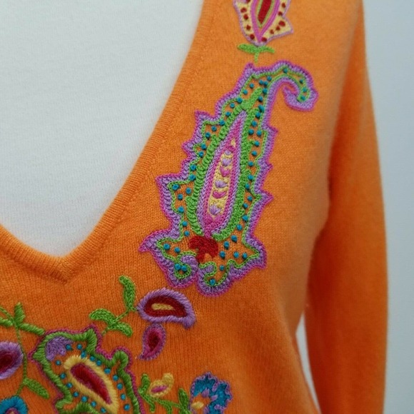 Ralph Lauren Black Label Women's V-Neck Cashmere Sweater Embroidered Orange Sz L - Picture 6 of 12